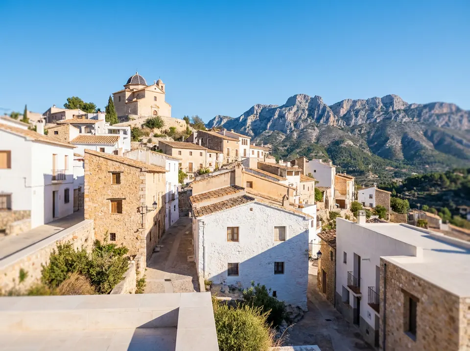 Casas blancas de un pueblo de ladera bajo una montaña de roca caliza